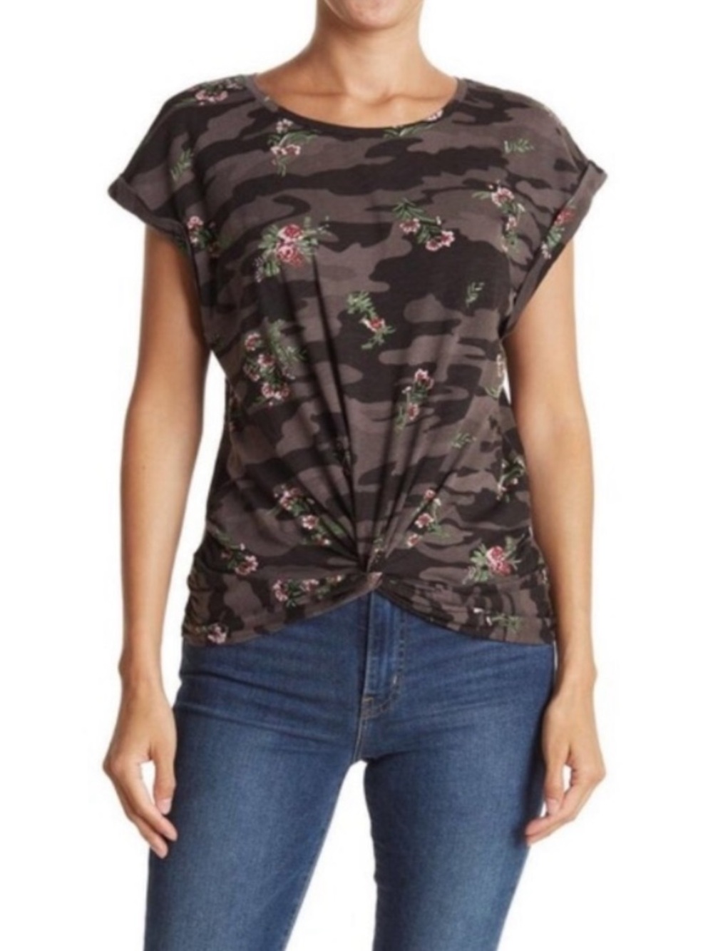 Lucky Brand Floral Camo Tee w/Front Twist Knot - Size Large